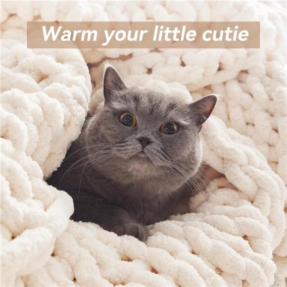 Chunky Knit Throw Blanket Cream Chenille Yarn Handmade Knitted Couch Bed Blanket - Picture 7 of 8